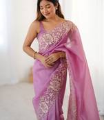 Purple floral embroidered tissue saree