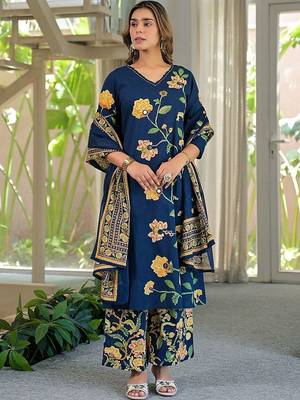 women floral printed regular mirror work  cotton kurta with palazzos & with dupatta 3