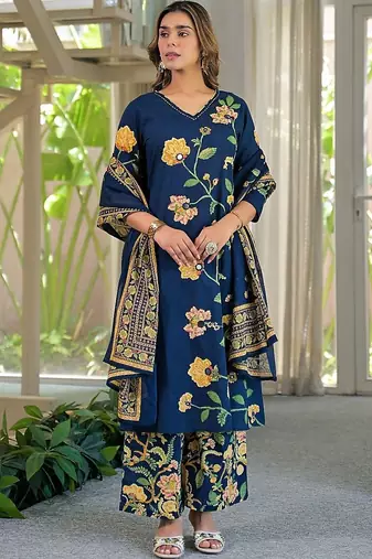 women floral printed regular mirror work  cotton kurta with palazzos & with dupatta
