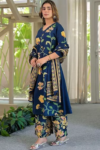 women floral printed regular mirror work  cotton kurta with palazzos & with dupatta