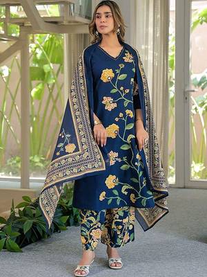 women floral printed regular mirror work  cotton kurta with palazzos & with dupatta 7