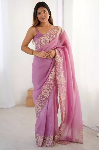 Purple floral embroidered tissue saree
