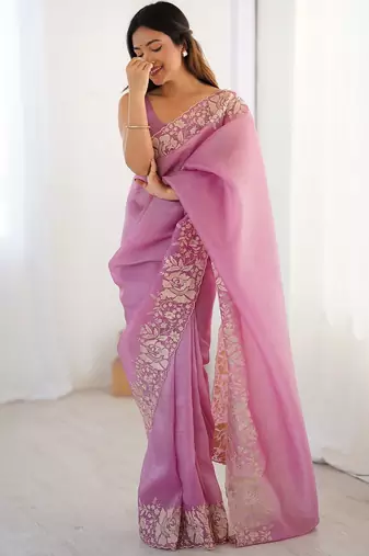 Purple floral embroidered tissue saree