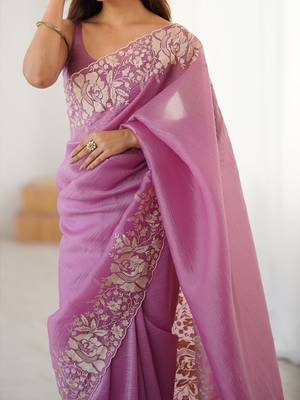 Purple floral embroidered tissue saree 4