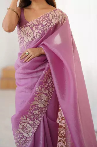 Purple floral embroidered tissue saree