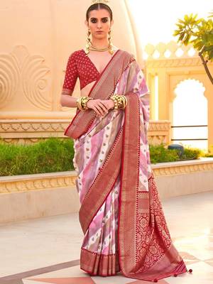 Off white ethnic motifs zari silk blend banarasi saree 1