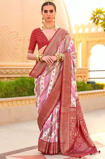 Off white ethnic motifs zari silk blend banarasi saree