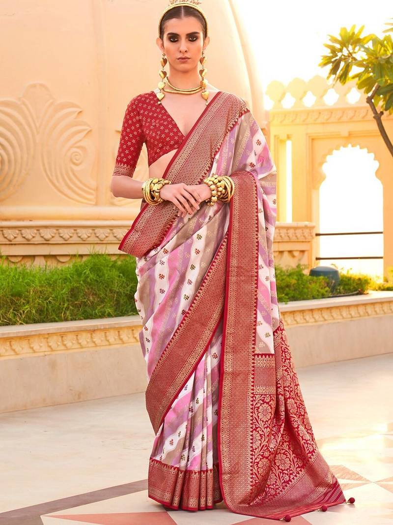 Off white ethnic motifs zari silk blend banarasi saree