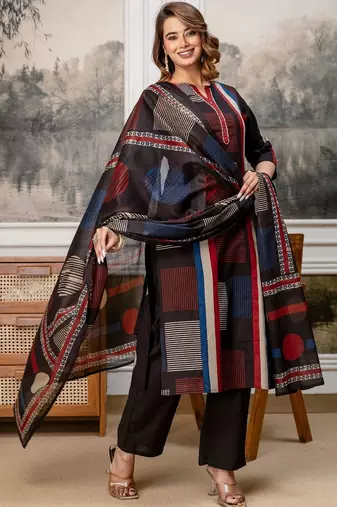 women embroidered sequinned  cotton kurta with trousers & with dupatta