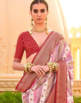 Off white ethnic motifs zari silk blend banarasi saree 2