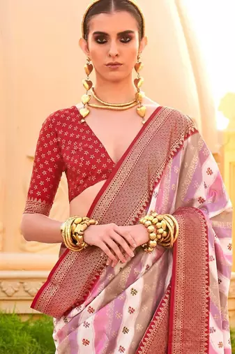 Off white ethnic motifs zari silk blend banarasi saree