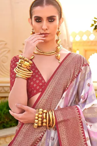 Off white ethnic motifs zari silk blend banarasi saree