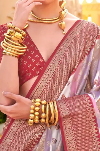 Off white ethnic motifs zari silk blend banarasi saree