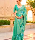 Green ethnic motifs zari silk blend banarasi saree