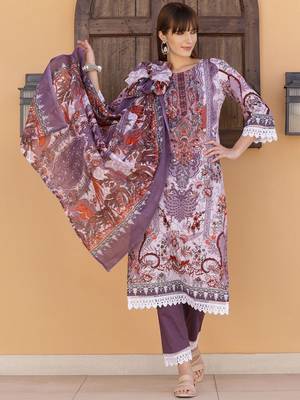 embroidered round neck thread work  cotton kurta with trousers & dupatta 1