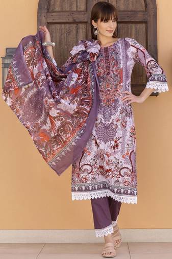 embroidered round neck thread work  cotton kurta with trousers & dupatta