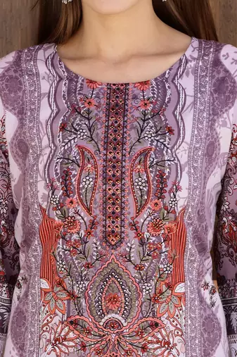 embroidered round neck thread work  cotton kurta with trousers & dupatta
