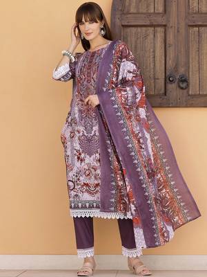 embroidered round neck thread work  cotton kurta with trousers & dupatta 3