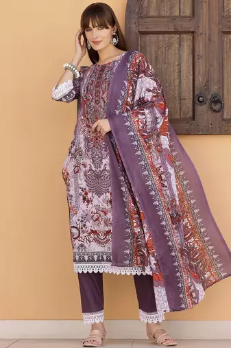 embroidered round neck thread work  cotton kurta with trousers & dupatta