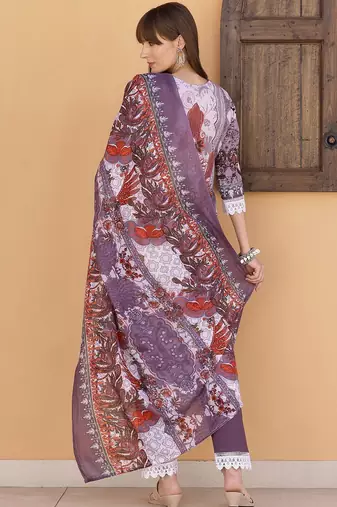 embroidered round neck thread work  cotton kurta with trousers & dupatta
