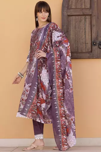embroidered round neck thread work  cotton kurta with trousers & dupatta