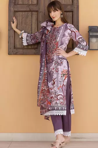 embroidered round neck thread work  cotton kurta with trousers & dupatta