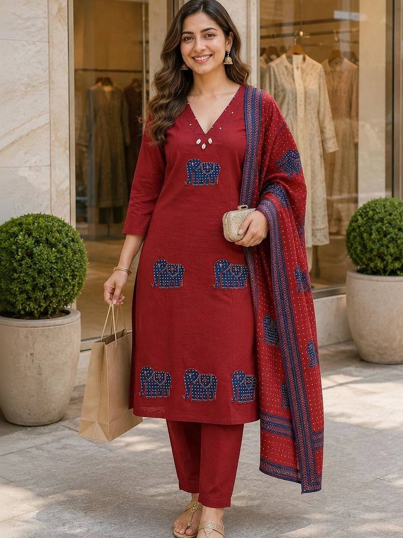 women ethnic motifs regular  cotton kurta with trousers & with dupatta