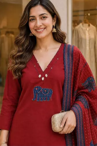 women ethnic motifs regular  cotton kurta with trousers & with dupatta