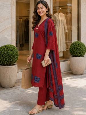 women ethnic motifs regular  cotton kurta with trousers & with dupatta 3