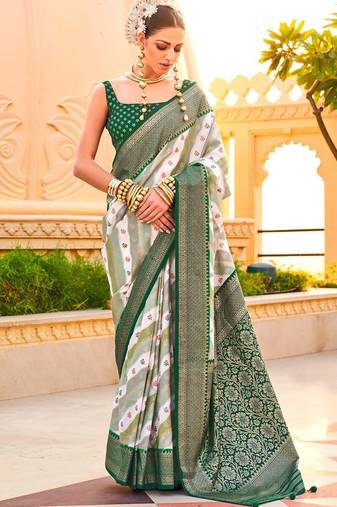 Off white woven design zari silk blend designer banarasi saree