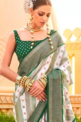 Off white woven design zari silk blend designer banarasi saree