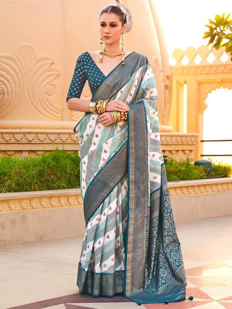 Off white woven design zari silk blend banarasi saree
