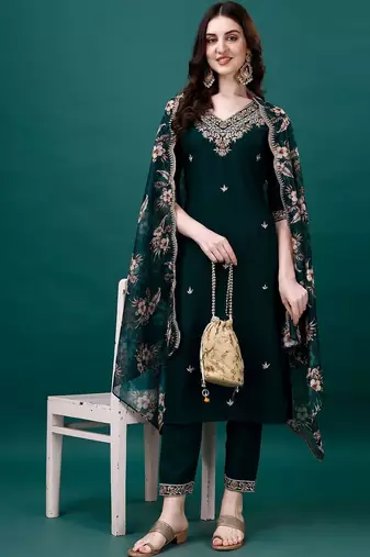 women floral embroidered regular thread work kurta with trousers & with dupatta