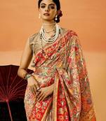 Beige women paisely printed silk cotton saree