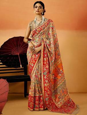 Beige women paisely printed silk cotton saree 2