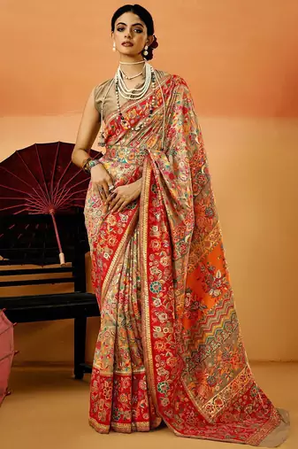 Beige women paisely printed silk cotton saree