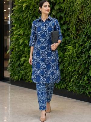 women ethnic motifs printed regular  cotton kurta with trousers 1