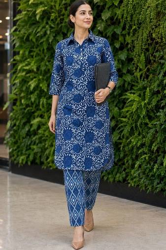 women ethnic motifs printed regular  cotton kurta with trousers