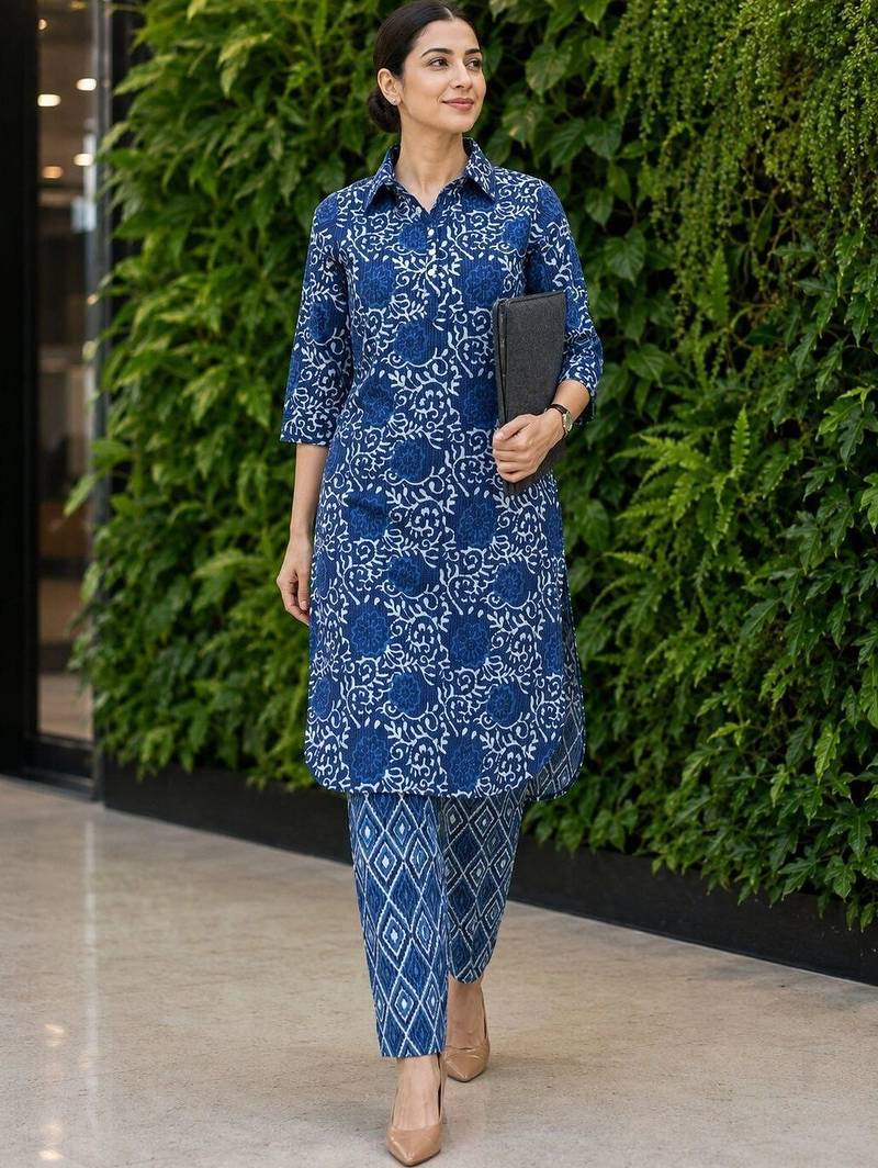 women ethnic motifs printed regular  cotton kurta with trousers