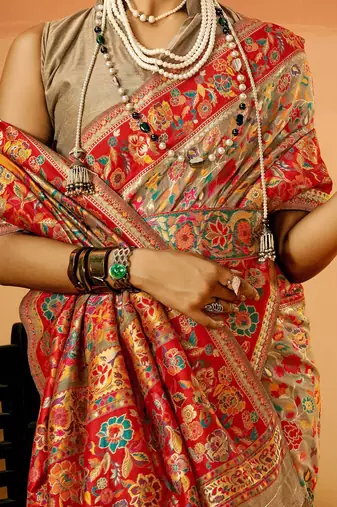 Beige women paisely printed silk cotton saree