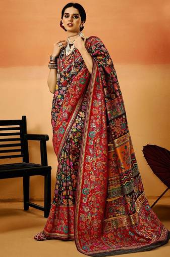 Black floral silk cotton saree