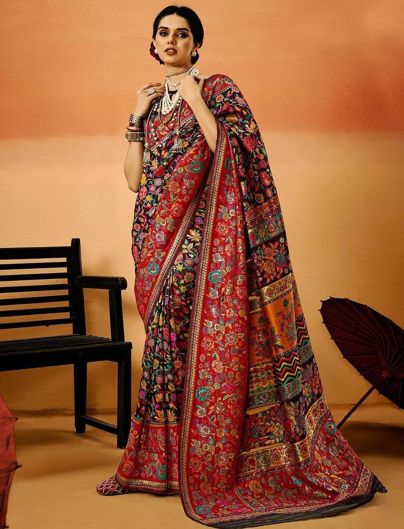 Black floral silk cotton saree