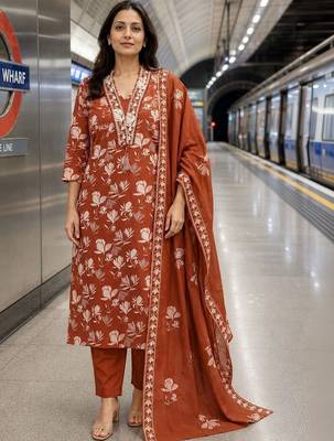 women floral printed thread work  silk kurta with trousers & with dupatta 1