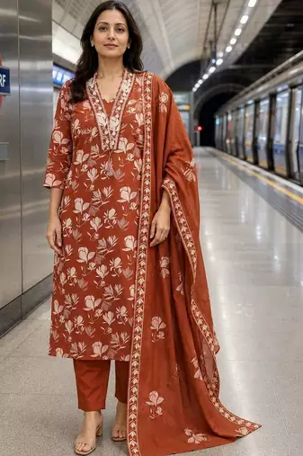 women floral printed thread work  silk kurta with trousers & with dupatta