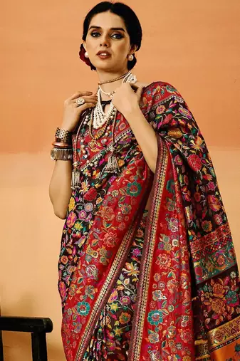 Black floral silk cotton saree