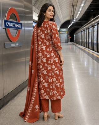 women floral printed thread work  silk kurta with trousers & with dupatta 2