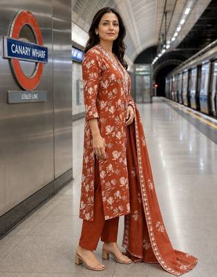 women floral printed thread work  silk kurta with trousers & with dupatta 3