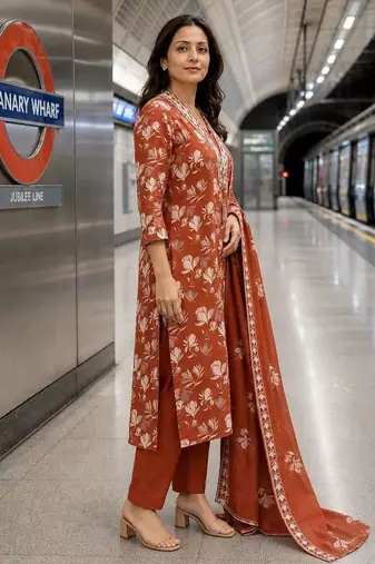 women floral printed thread work  silk kurta with trousers & with dupatta