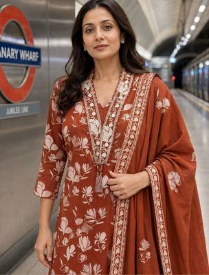 women floral printed thread work  silk kurta with trousers & with dupatta 4