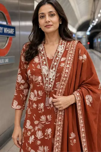 women floral printed thread work  silk kurta with trousers & with dupatta